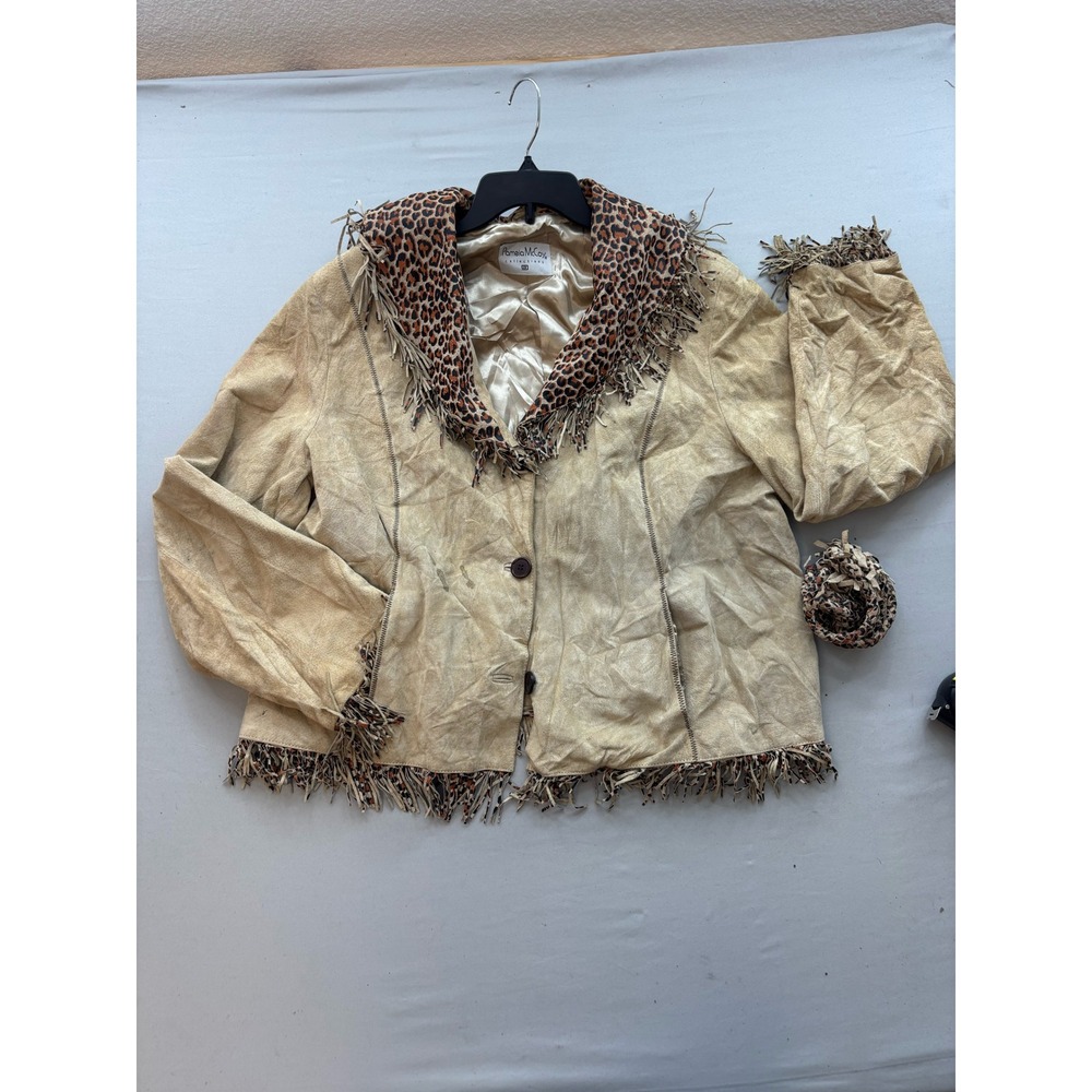 Pamela McCoy Collections Tan Suede Leopard Fringe Jacket Plus Size 3X Western